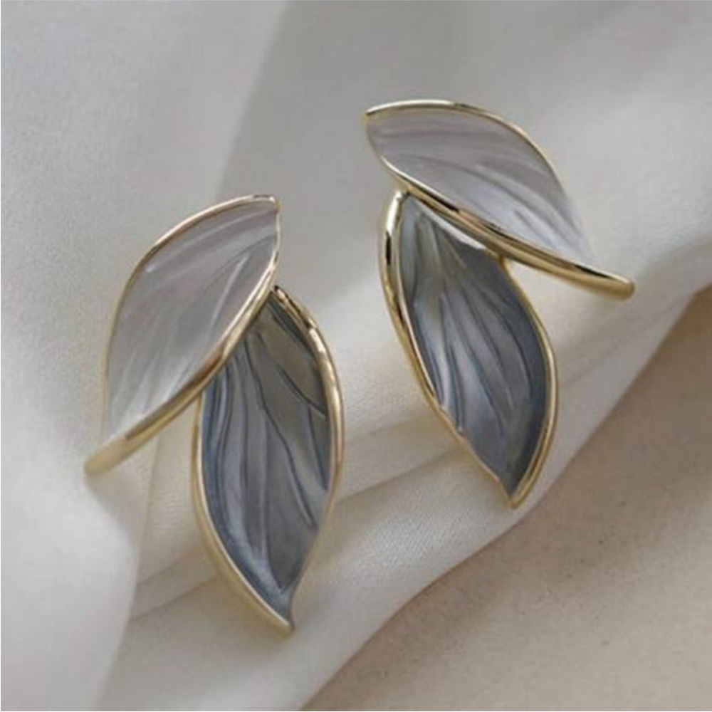 Elegant Gold Light Metallic Enamel Leaf Stud Earrings